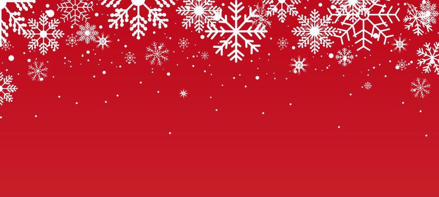 Christmas snowflake background. Red bokeh christmas design for greeting card. white Seamless snow flake border