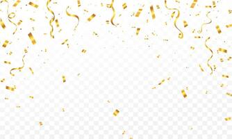 Gold confetti isolated on background, celebration party background design with confetti and gold ribbons, Bright festive tinsel of gold color. Valentines Day, Birthday, Holiday, New Year, vector