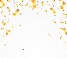 Gold confetti. Shiny ribbons falling on abstract background. Design template for party celebration and birthday banner background, confetti, vector