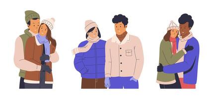 set of romantic couple set wearing jacket in winter. vector