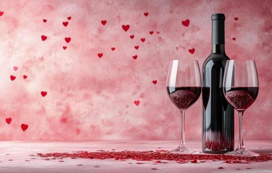 Romantic setting with red wine, glasses, and heart-shaped decorations on a pink background photo