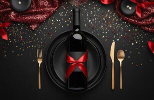 Elegant holiday dining set with black plate and red ribbon on a festive table setting photo