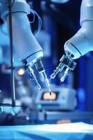 Robotic surgical instruments displayed in a modern medical facility during a procedure photo