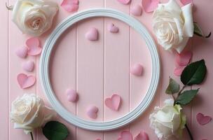 Romantic arrangement of roses and heart decorations on a pink background for special occasions photo