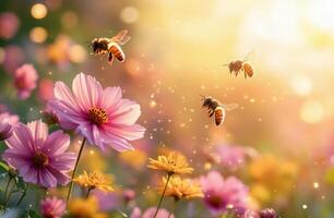 Bees pollinating vibrant flowers in a sunlit garden during the warm spring afternoon photo