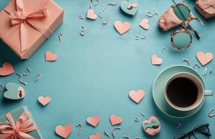 A cozy coffee moment with gifts and decorations on a bright blue table for a special occasion photo