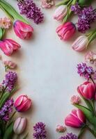 Beautiful spring flowers arranged in a circular pattern on a light background photo