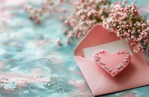Delicate pink envelope and heart-shaped box surrounded by soft flowers on a pastel background photo