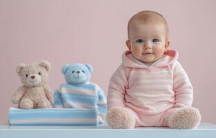 Adorable baby clothing set with bear-themed toys on soft blue background photo