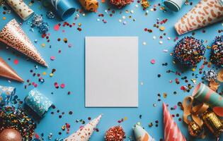 Colorful party decor with blank card on blue background for celebration planning photo