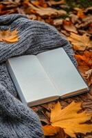 Cozy autumn setting with a journal on a knitted blanket among fallen leaves photo