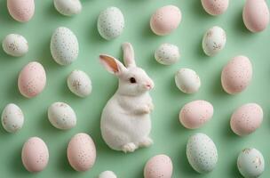 Celebrating Easter with decorative eggs and a cute bunny on a pastel green background photo