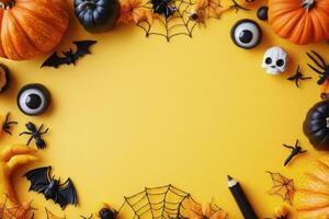 Colorful Halloween decorations with pumpkins, spiders, and skulls arranged on a bright background photo