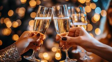 Champagne toast celebration during a glamorous evening event with sparkling attire photo