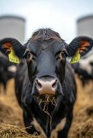 Close-up of a curious cow in a grassy field during overcast weather photo