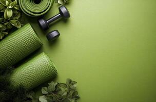 Fitness equipment on a green mat in a home workout setting during the day photo