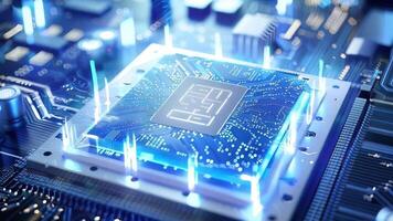 Futuristic illustration of a glowing microchip on a circuit board, representing advanced technology and innovation in electronics. video