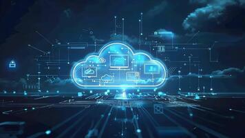 A futuristic cloud computing concept showcasing digital data and technology in a vibrant, high-tech environment. video