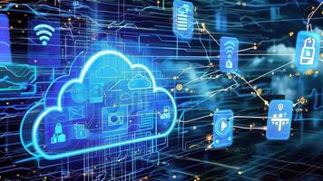 Visual representation of cloud computing technology with icons and data flow, symbolizing connectivity and security in the digital age. video