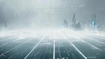 Futuristic digital landscape with glowing grid and abstract data visualization elements in a misty atmosphere. video