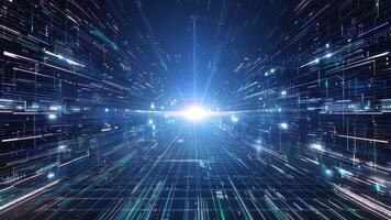 Futuristic digital landscape with glowing lines and data streams, conveying speed and technology in a vibrant blue environment. video