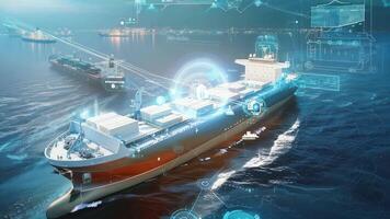 A modern cargo ship utilizing digital technology for efficient logistics and safety at sea, showcasing innovation in maritime industry. video