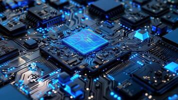 fechar-se do uma brilhando microchip em uma o circuito quadro, exibindo intrincado eletrônico conexões e avançado tecnologia. video