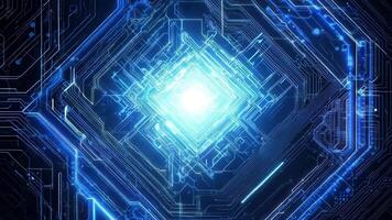 uma futurista azul digital padronizar irradiando luz, exibindo intrincado o circuito desenhos e tecnologia elementos. video