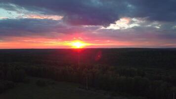 Top view of beautiful sunset on horizon with forest. Clip. Red sun with clouds and forest on horizon. Dark dense forest with red sunset sun on horizon video