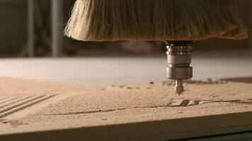 Close up of wood carving machine making pattern on a wooden plank. Creative. Concept of carpentry. video