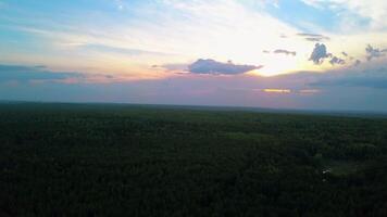 Top view of forest and sunset rays of sun in clouds. Clip. Horizon with dense forest and sunset in clouds. Green forest valley to horizon with sunset in cloudy weather video