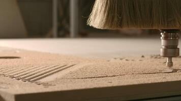 Close up of wood carving machine making pattern on a wooden plank. Creative. Concept of carpentry video
