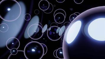 Black background. Design. Large white bubbles in animation on a dark background scatter in different directions. video