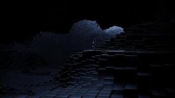 A exploring a dark cave and a striking pyramid within video