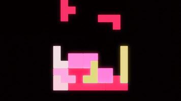 Multicolored Tetris. Design. Light geometric shapes creating a square falling on each other on a black background in animation. video