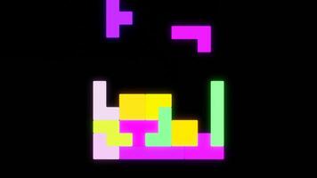 Abstract construction game of falling colorful tiles on a black background. Design. Retro old fashioned game design. video