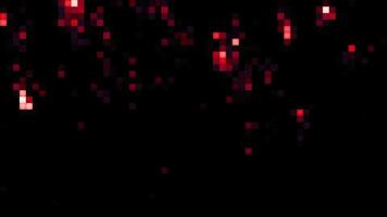 Gray and red background. Motion. Bright squares in pixels on a black background moving in different directions in 3D format. video