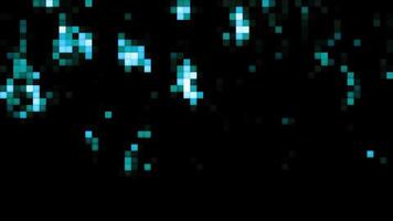 Pixelated pattern with blue shimmering squares slowly falling down. Motion. Retro game design on a monitor. video