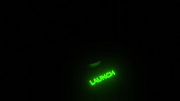 Black background with purple and green highlights. Design. Light backlight with a bright figure and the word Launch is written in animation. video