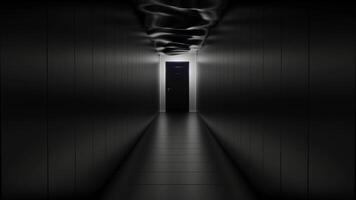 View inside of dark scary surreal corridor with a door at the end. Design. Monochrome corridor with waving dark ceiling. video