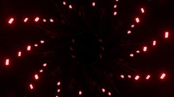 Glowing dots rotate in spiral on dark background. Design. Technological spiral with rotating neon dots in dark. Neon lanterns move in spirals in dark video