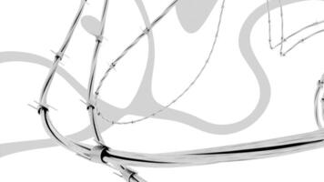 Animation with 3d wire and lines. Design. 3D wire with barbed needles on background of lines. Barbed wire for prison walls video