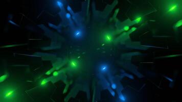 3d animation with rotating gears and ball. Design. Rotating mechanism with black ball in middle. Neon light in rotating mechanism with illusion of flashing black ball in middle video
