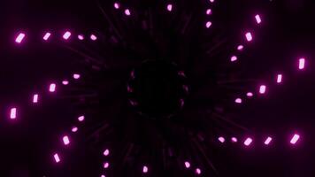 Glowing dots rotate in spiral on dark background. Design. Technological spiral with rotating neon dots in dark. Neon lanterns move in spirals in dark video