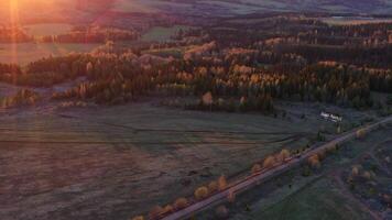 Aerial view of green fields, trees, and sunset sky on the background. Clip. Meadows crossed by long railroad. video
