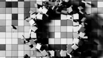 3D background with squares and wave rings. Design. Squares move in space with 3D distortion. Ring 3d waves of destroyed squares with background video