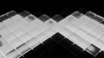 Surfaces with moving flashing squares on black background. Design. Glowing music buttons move in dark. Flashing square buttons glow and move on surface video