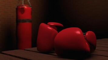 Abstract punching bag and boxing gloves in a dark room. Design. Concept of sport, dim red light in a room. video