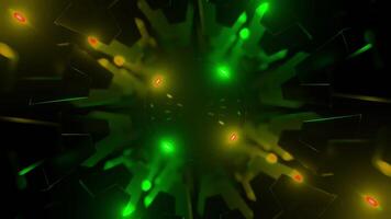 3d animation with rotating gears and ball. Design. Rotating mechanism with black ball in middle. Neon light in rotating mechanism with illusion of flashing black ball in middle video