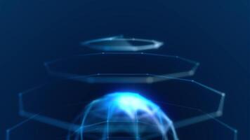3D hologram of ball and spheres. Motion. Virtual hologram of planet with geometric spheres. Abstract geometric planet with spherical rings in virtual space video